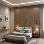 Спальня в стиле джапанди, деревянная стена, кровать с деревянным каркасом, прикроватные тумбочки, подвесные светильники, нейтральная цветовая гамма.