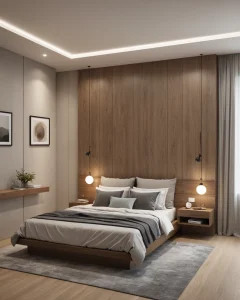 Спальня в стиле джапанди, деревянная стена, кровать с деревянным каркасом, прикроватные тумбочки, подвесные светильники, нейтральная цветовая гамма.