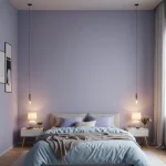 Спальня в современном стиле, пастельные тона, лавандовые стены, двуспальная кровать, прикроватные тумбочки, подвесные светильники, текстиль.