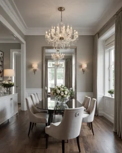 Столовая в неоклассическом стиле, светлые стены, большой обеденный стол, элегантные стулья, хрустальная люстра, картины.