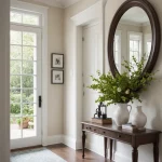 Прихожая в классическом стиле, бежевые стены, деревянная консоль, большое зеркало, ваза с цветами, ковер.