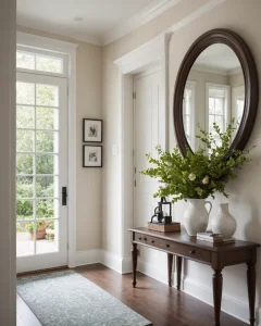 Прихожая в классическом стиле, бежевые стены, деревянная консоль, большое зеркало, ваза с цветами, ковер.