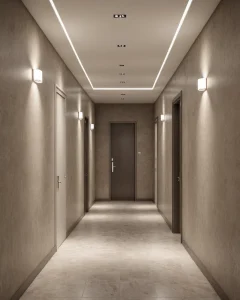 Коридор в современном стиле, бежевые стены, встроенные шкафы, точечные светильники, настенные бра, двери.