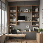 Кабинет в современном стиле, серые стены, деревянный стол, стеллаж с книгами, растения, большое окно.