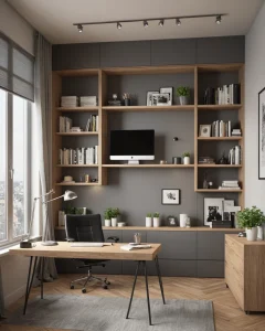 Кабинет в современном стиле, серые стены, деревянный стол, стеллаж с книгами, растения, большое окно.