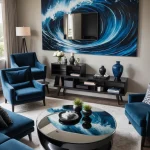 Гостиная в современном стиле, синие диваны и кресла, черная тумба под ТВ, большая картина с изображением волны, ковер.
