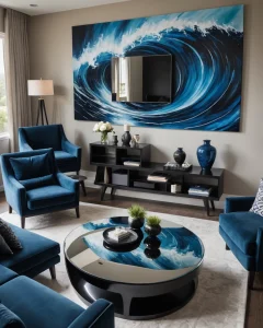Гостиная в современном стиле, синие диваны и кресла, черная тумба под ТВ, большая картина с изображением волны, ковер.
