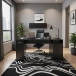 Кабинет в современном стиле, серые стены, черный стол, кожаное кресло, растения, большое окно.