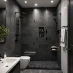 Ванная комната в стиле лофт, темные серые тона, душевая кабина со стеклянными стенами, черная сантехника, зеркало с подсветкой.
