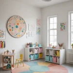 Детская комната, яркие цвета, круглый ковер, стеллажи для игрушек, детский столик и стул, красочные картины.