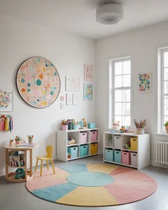 Детская комната, яркие цвета, круглый ковер, стеллажи для игрушек, детский столик и стул, красочные картины.
