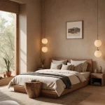 Спальня в стиле минимализм, теплая бежевая палитра, деревянная кровать, прикроватные светильники, ковер, растения.