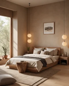 Спальня в стиле минимализм, теплая бежевая палитра, деревянная кровать, прикроватные светильники, ковер, растения.