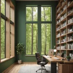 Кабинет в зеленых тонах, панорамные окна, деревянный стол, кресло, книжный шкаф, современный дизайн.