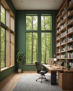 Кабинет в зеленых тонах, панорамные окна, деревянный стол, кресло, книжный шкаф, современный дизайн.