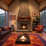 Гостиная с камином, каменная кладка, деревянные балки, мягкий диван, ковер, освещение, уютный интерьер.