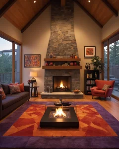 Гостиная с камином, каменная кладка, деревянные балки, мягкий диван, ковер, освещение, уютный интерьер.