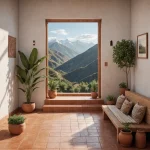 Балкон с видом на горы, терракотовая плитка, деревянная скамья, растения в горшках, уютный интерьер.