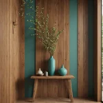 Холл в эко-стиле, деревянная отделка, зеленые акценты, растения, консоль, минималистичный дизайн.
