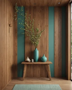 Холл в эко-стиле, деревянная отделка, зеленые акценты, растения, консоль, минималистичный дизайн.