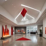 Современная галерея, белые стены, красные элементы, освещение, картины, скульптуры, минималистичный дизайн.