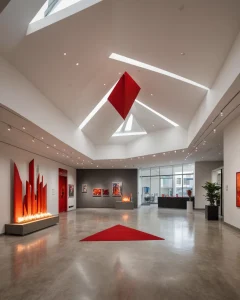 Современная галерея, белые стены, красные элементы, освещение, картины, скульптуры, минималистичный дизайн.