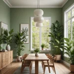 Столовая в зеленых тонах, деревянный стол, стулья, люстра, комнатные растения, картины, светлый интерьер.