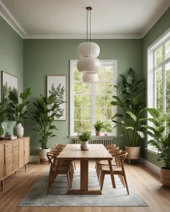 Столовая в зеленых тонах, деревянный стол, стулья, люстра, комнатные растения, картины, светлый интерьер.