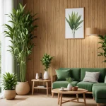 Гостиная в стиле джапанди, зеленый диван, деревянная стена, комнатные растения, кофейный столик, ковер, минималистичный дизайн.