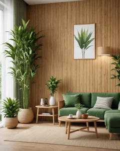 Гостиная в стиле джапанди, зеленый диван, деревянная стена, комнатные растения, кофейный столик, ковер, минималистичный дизайн.