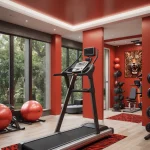 Домашний спортзал в красных тонах, тренажеры, панорамные окна, спортивные снаряды, тигр на стене, современный дизайн.