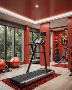Домашний спортзал в красных тонах, тренажеры, панорамные окна, спортивные снаряды, тигр на стене, современный дизайн.