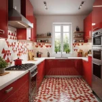 Современная кухня в красных тонах, глянцевые фасады, белая плитка, встроенная техника, окно, пол с геометрическим рисунком.