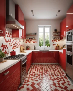 Современная кухня в красных тонах, глянцевые фасады, белая плитка, встроенная техника, окно, пол с геометрическим рисунком.