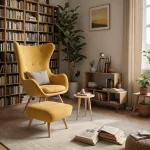 Гостиная в стиле бохо, теплая цветовая гамма, желтое кресло, книжный шкаф, комнатные растения, ковер, журнальный столик.