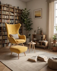 Гостиная в стиле бохо, теплая цветовая гамма, желтое кресло, книжный шкаф, комнатные растения, ковер, журнальный столик.
