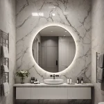 Современная ванная комната в мраморе с белой раковиной, круглым зеркалом с подсветкой и полотенцесушителем.