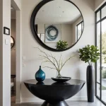 Современный холл с большим круглым зеркалом, черной консолью и комнатными растениями.