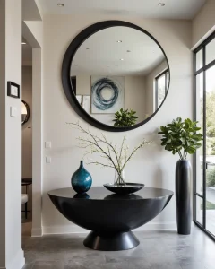 Современный холл с большим круглым зеркалом, черной консолью и комнатными растениями.