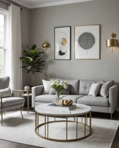 Современная гостиная в серых тонах с золотыми акцентами, диваном, креслом и журнальным столиком.