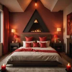 Спальня в красных тонах с кроватью, камином, прикроватными тумбочками и свечами.