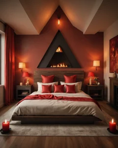 Спальня в красных тонах с кроватью, камином, прикроватными тумбочками и свечами.