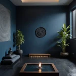 Медитативная комната в темно-синих тонах с камином, растениями и абстрактными картинами.