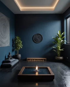 Медитативная комната в темно-синих тонах с камином, растениями и абстрактными картинами.