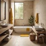 Современная ванная комната в бежевых тонах с белой ванной, деревянной мебелью и желтыми акцентами.