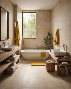 Современная ванная комната в бежевых тонах с белой ванной, деревянной мебелью и желтыми акцентами.