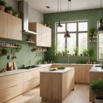 Современная кухня с зелеными плиткой, деревянными шкафами, большим окном и множеством комнатных растений.