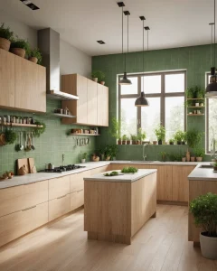 Современная кухня с зелеными плиткой, деревянными шкафами, большим окном и множеством комнатных растений.