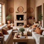 Гостиная в стиле рустик с большим угловым диваном, камином, деревянными элементами декора и плетеными корзинами.