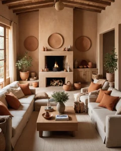 Гостиная в стиле рустик с большим угловым диваном, камином, деревянными элементами декора и плетеными корзинами.